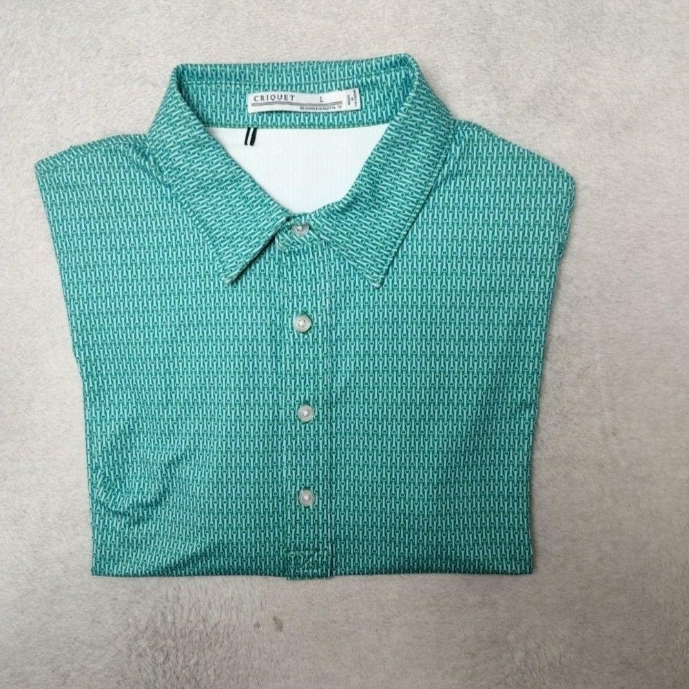 Criquet Polo Shirt Mens L Green Golf Graphic Print Performance Stretch Polyester